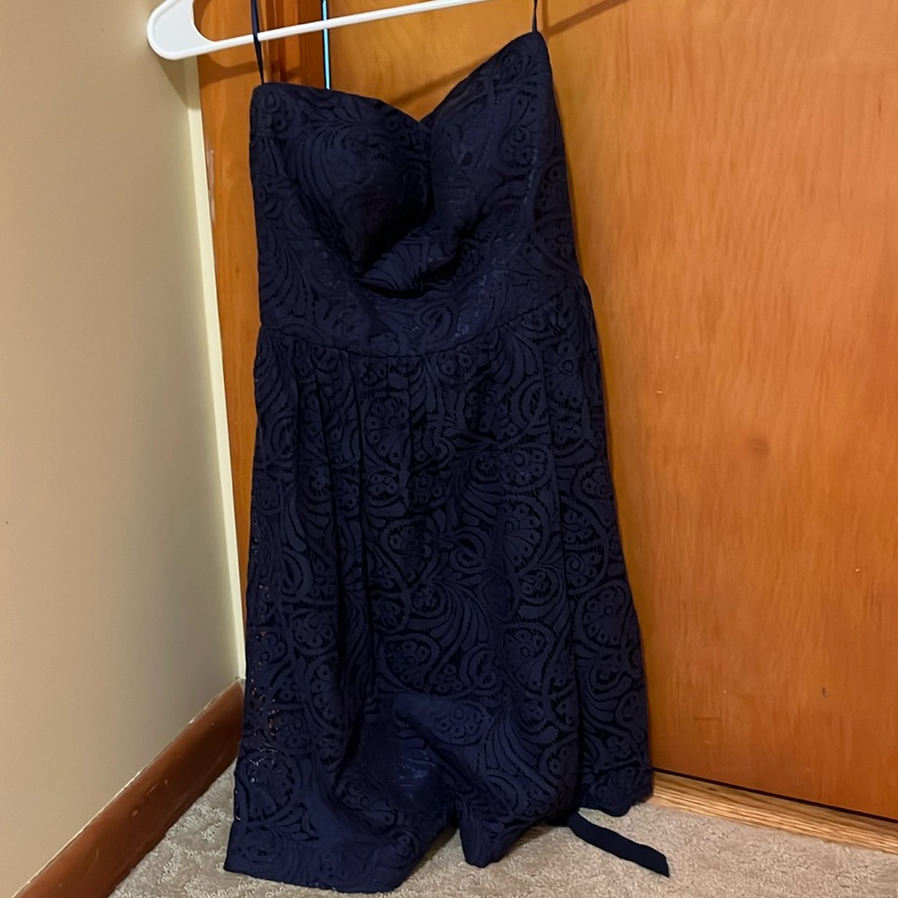 Trina Turk designer strapless navy blue mini dress